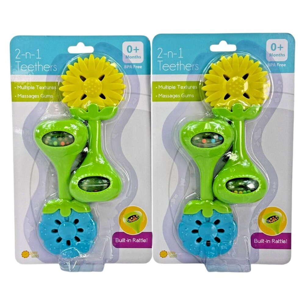 2-In-1 Baby Teethers With Rattle BPA Free Multiple Textures (2-Pack)